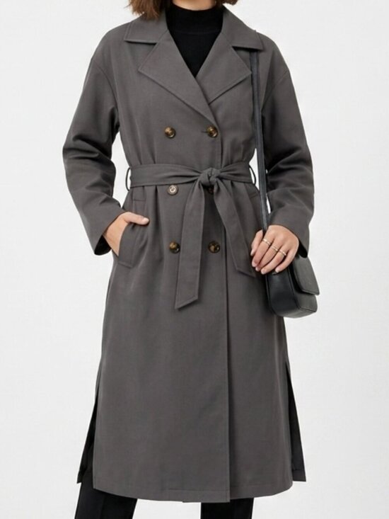 Maeva Jackets & Blazers - MAEVA Double Breasted Trench Coat Charcoal Gray Lightweight Small